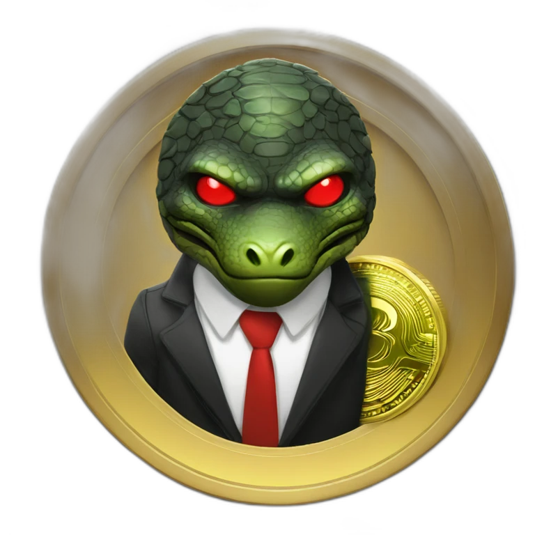 Reptiloid in black suite with red laser eyes on the gold coin emoji