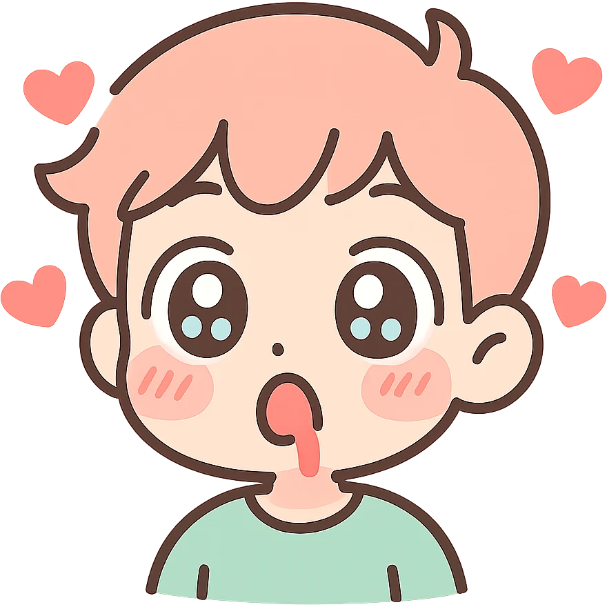 anime-style emoji of a surprised cartoon boy with wide eyes, small trickle of red from the nose, comedic expression, blushing, hearts around the head emoji