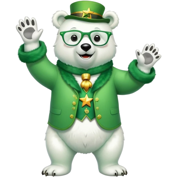 full body friendly anthropomorphised polar bear wearing large multicolored star-shaped glasses and festive St. Patrick's Day outfit, waving and smiling emoji