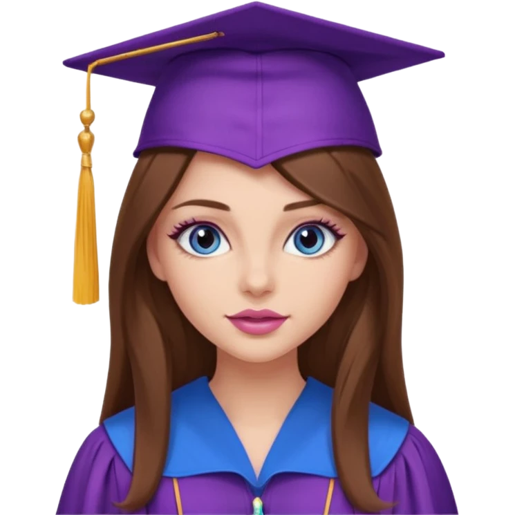 girl with gorgeous long brown hair, blue eyes, long lashes makeup, sexy pink lips, wearing a purple graduation cap and gown emoji