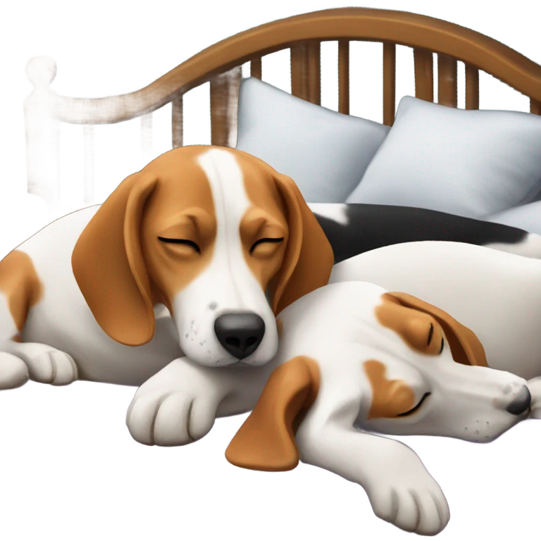 Three beagles laying in a bed surrounding a man who is asleep emoji