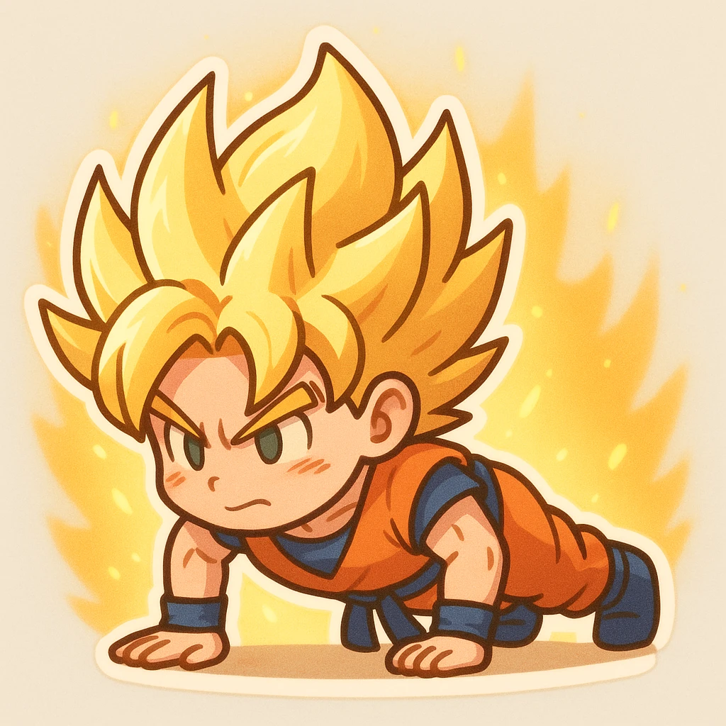 Goku from Dragon Ball Z doing push ups as Super Saiyan, chibi style, glowing golden hair and aura emoji