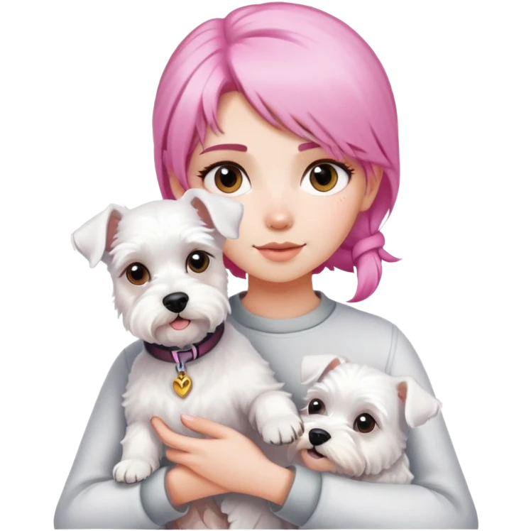 Pink-haired girl holding a white schnauzer dog emoji