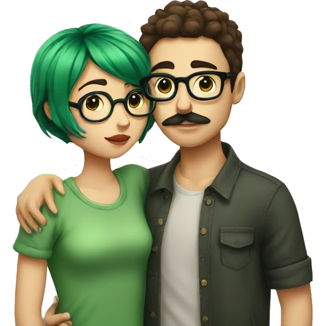 A heavy set boy with brown hair and a mustache is kissing a green haired girl who is thin and wearing glasses both have tattoos emoji