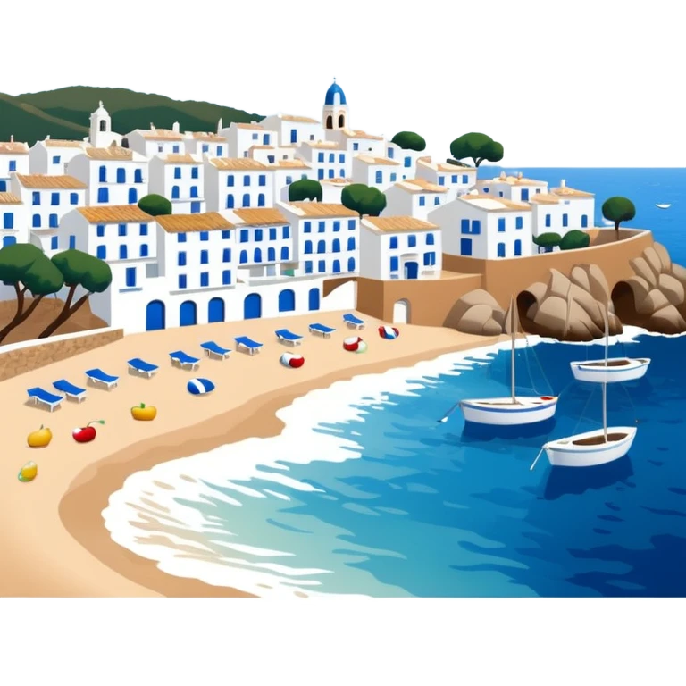 Calella de Palafrugell, coastal village in Catalonia, focus on white houses and blue sea, apple emoji style, no frame emoji