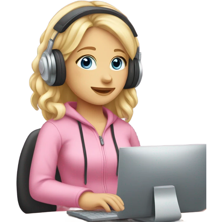 blonde hair blue eyed girl pink headphones and computer emoji