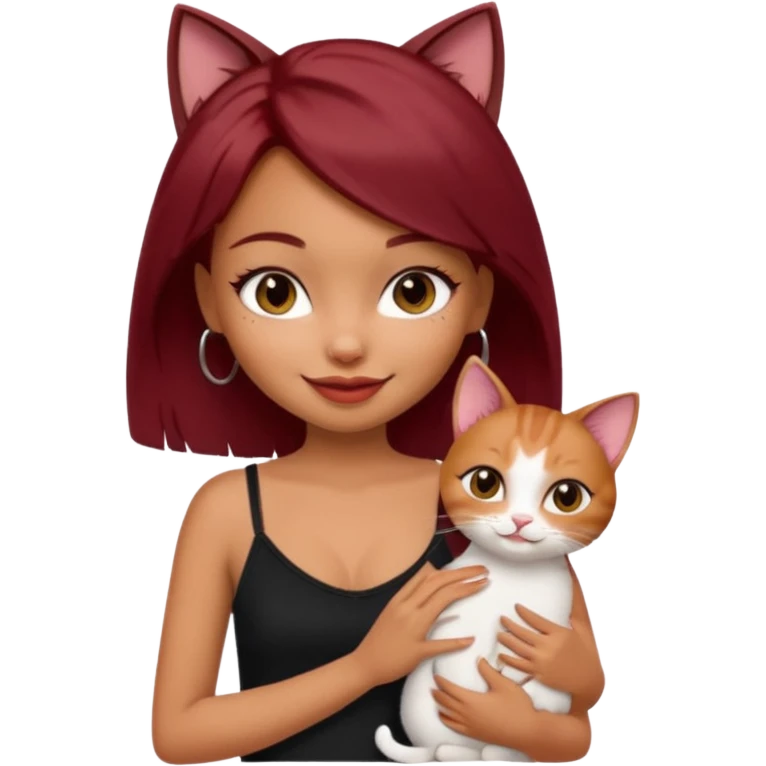 generate a pretty bratz girl with short dark red hair holding a cat smiling. Wearing a black cami emoji