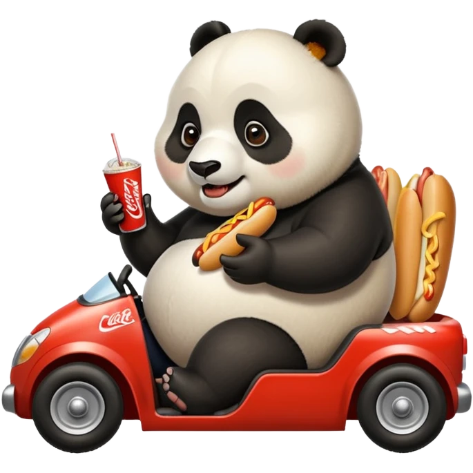 Fat panda on a go cart that’s too small eating a hot dog fries and a coke emoji
