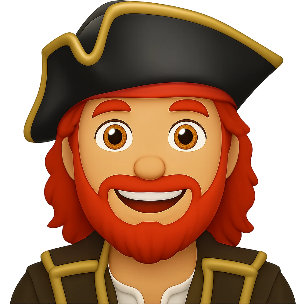Edit the pirate emoji to be a male with red hair and a red beard, smiling. Keep the pirate hat and outfit. The style should resemble emoji style with a transparent background. emoji