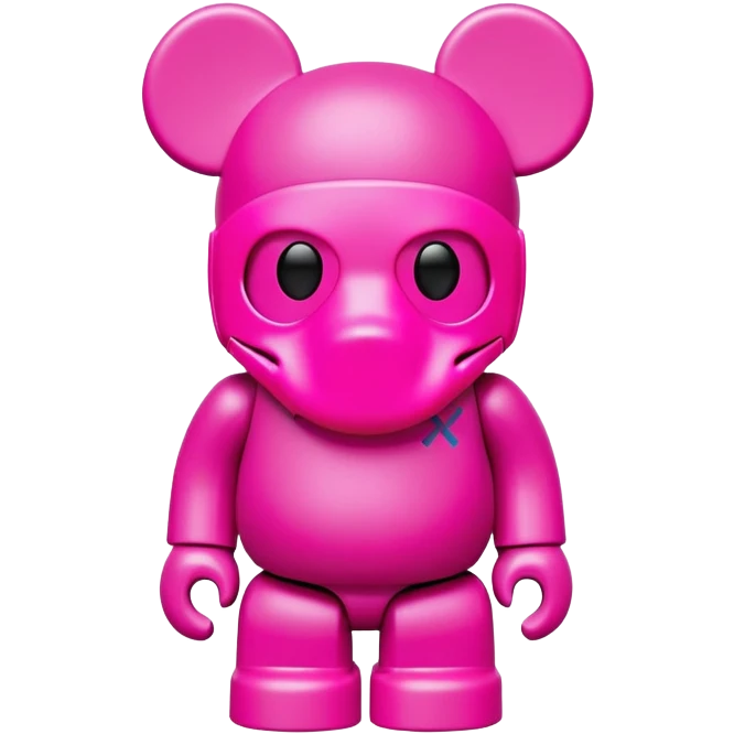 Bearbrick figure with KAWS-style X eyes, wearing a neon pink ski mask balaclava covering most of the face except for the X eyes emoji
