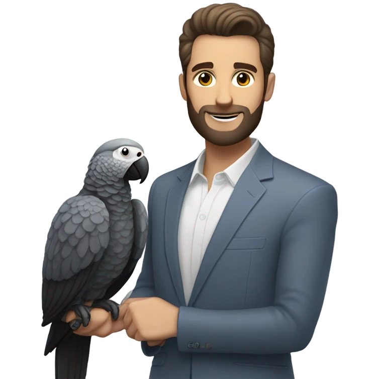 White Man with dark brown pompadour hair and dark brown short beard riding on top of a giant african grey bird emoji