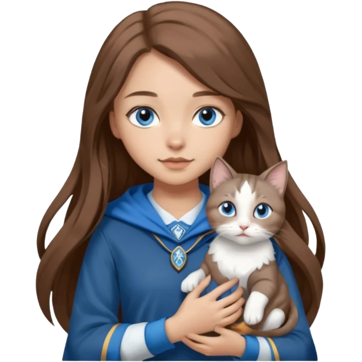 gorgeous Girl with light skin, blue eyes, long brown hair, wears a ravenclaw outfit, with a grey and white cat holding in her arms emoji