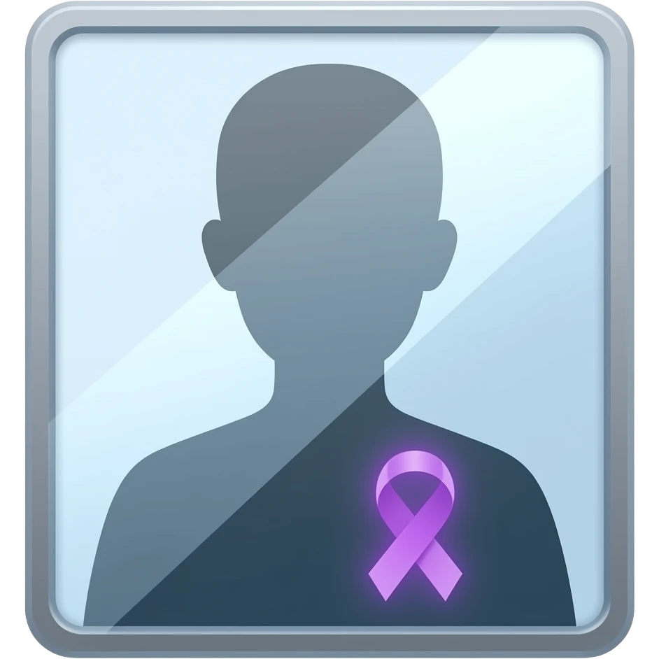 iOS-style emoji: a mirror reflecting a human silhouette wearing a glowing purple ribbon on the chest, symbolizing fibromyalgia awareness, soft gradients, cute and subtle, transparent background emoji