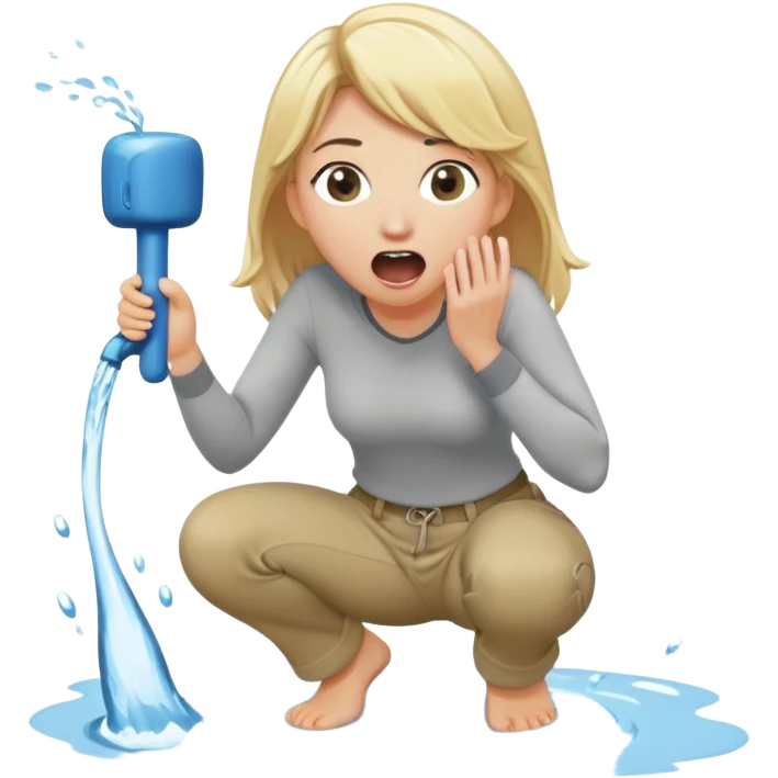 cartoonish blond woman kneeling, surprised expression, wide cartoonish stick with a D-shaped knob coming out of a pair of pants hanging in front of her face, water stream squirting from the flat side of the knob into her open mouth emoji