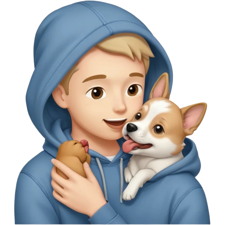 Cute dog lover boyfriend with soft smile, wearing hoodie and jeans, one dog licking his face emoji