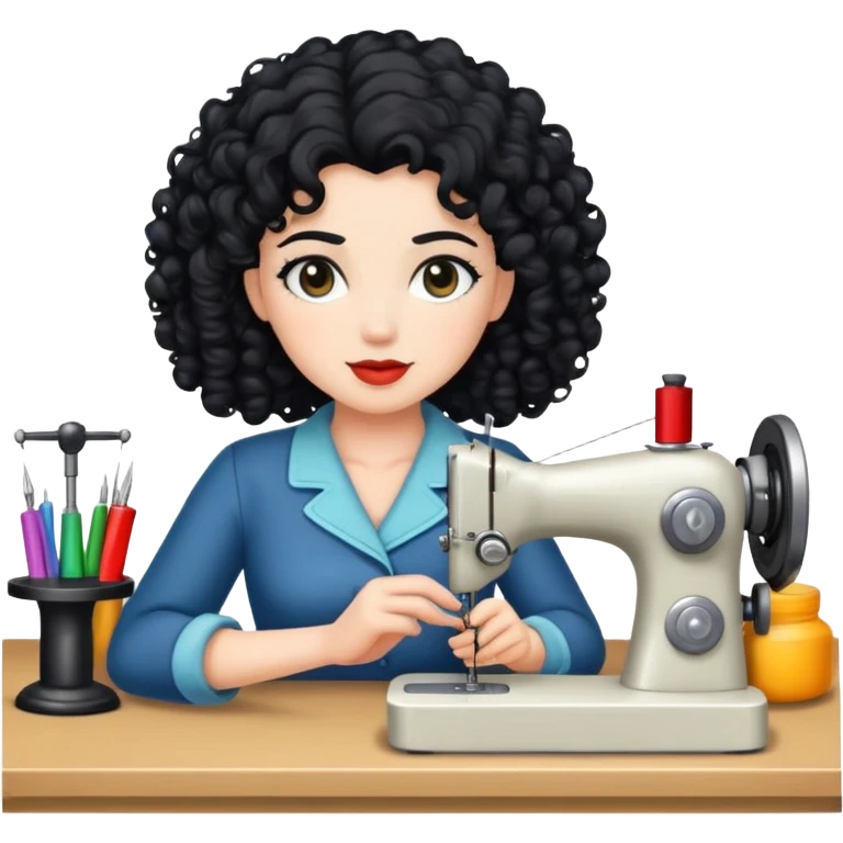 seamtress with black curly hair and white skin emoji