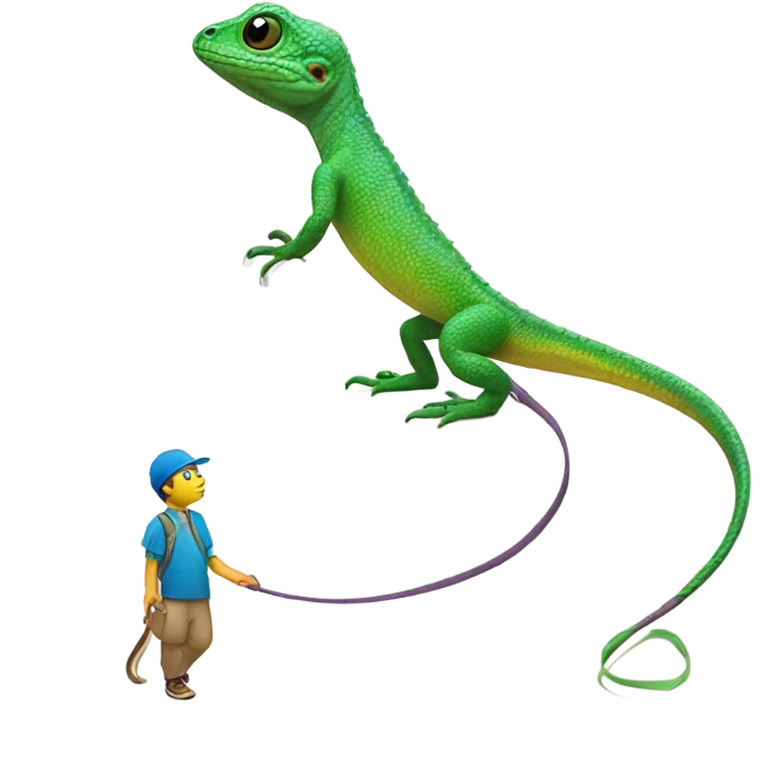 Lizard walking his human pet on a leash emoji
