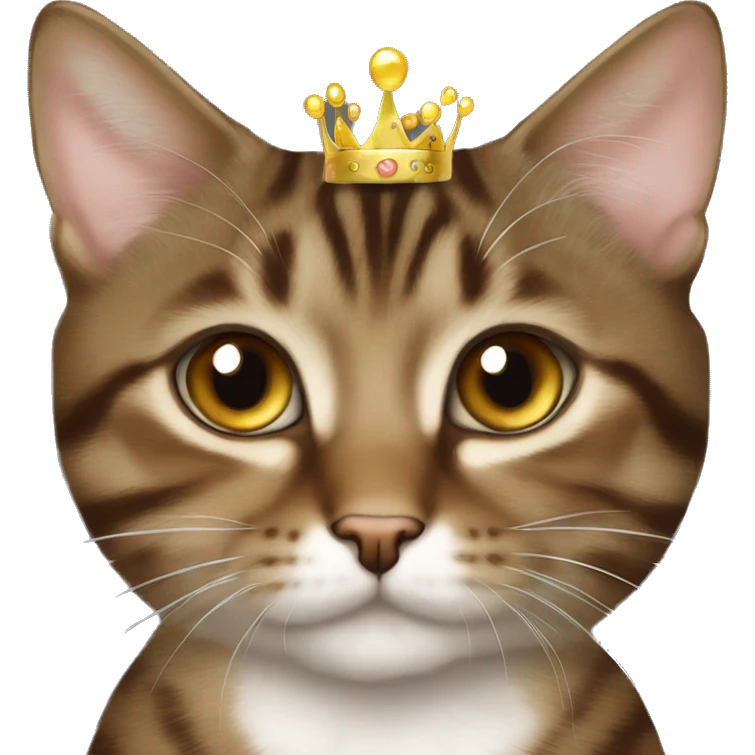 hazel eyed brown Tabby mixed cat wearing a gold princess crown emoji