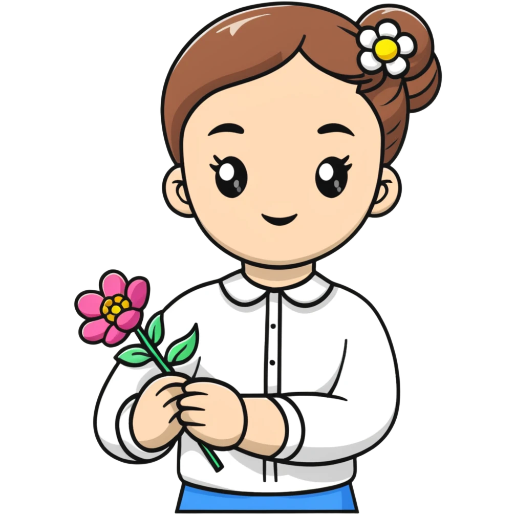 Ukrainian young girl in white embroidered shirt holding colored paper and a flower emoji