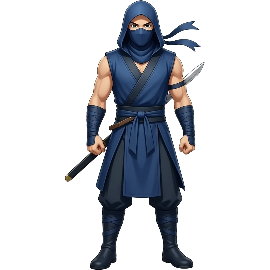 Anime Ninja all dark cyan with hood sleeveless cyan masks look superstrong and sword in back and ninja dark cyan pants and ninja boots very tall full body emoji