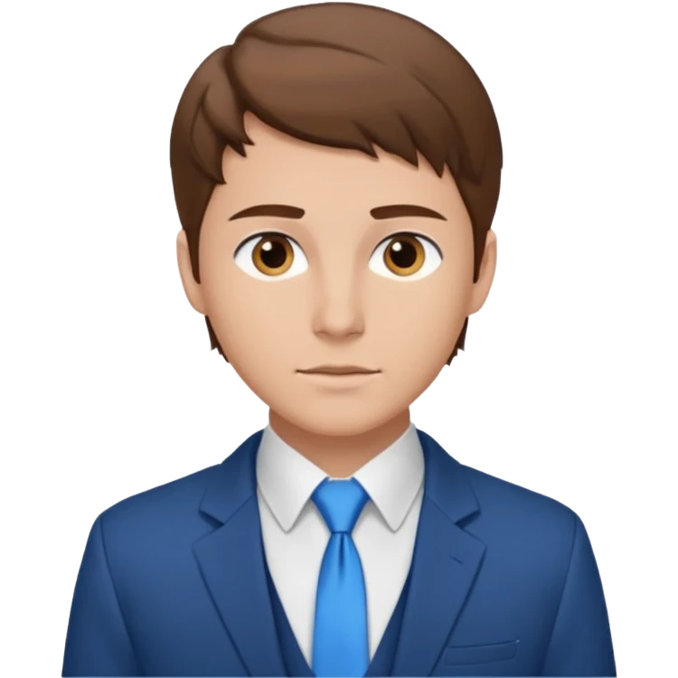un homme type caucasien brun plutôt jeune avec des jolies traits avec une chemise blanche et une veste a manche longues et cravate bleu il a les yeux marron emoji