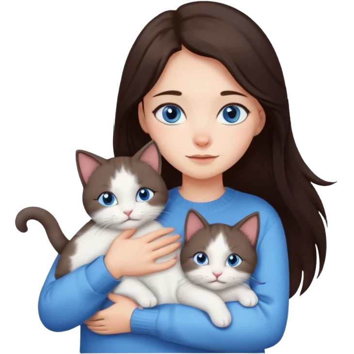 a girl with long dark 
brown hair, with blue eyes, in a
white sweater, hugs 3 different natural coloured cats emoji