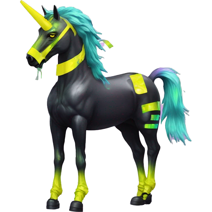 .Zombie_ Vaporwave black holographic oilslick zombie unicorn yellow caution tape graffiti Pegasus with  prosthetic leg  emoji