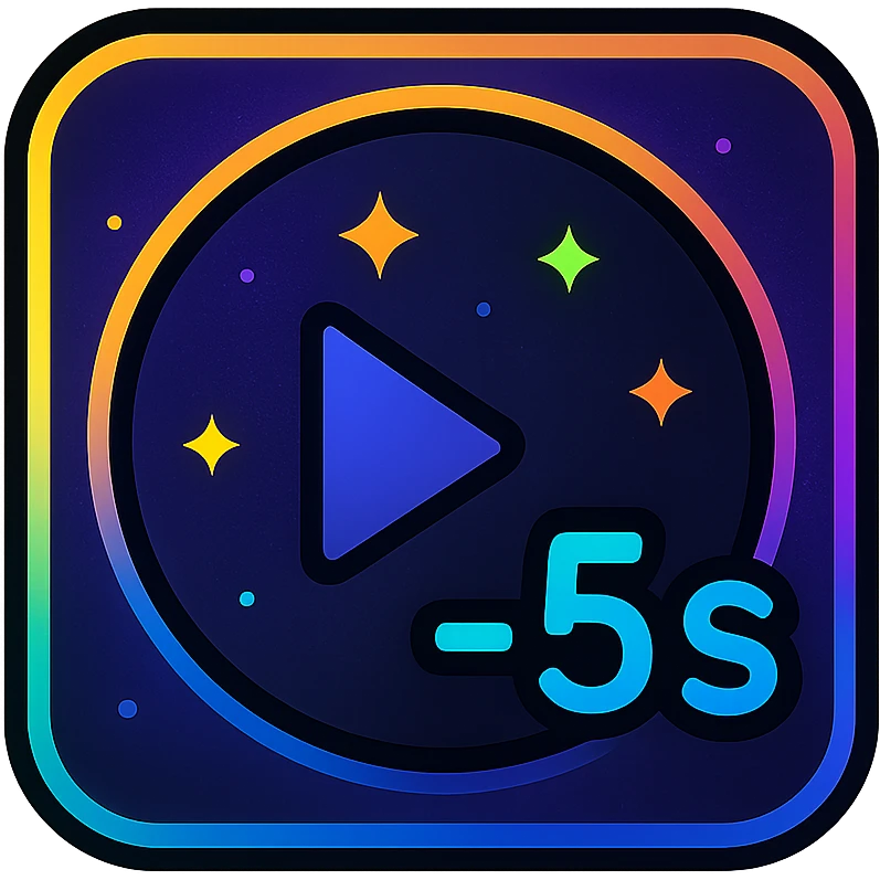 -5 sec icon with dark purples, blues, black base, neon glowing border, nebula gradients, small bright stars, subtle glow, specular highlights, luminous effect, accent colors cyan, pink, yellow, green, orange, consistent with media controls set emoji
