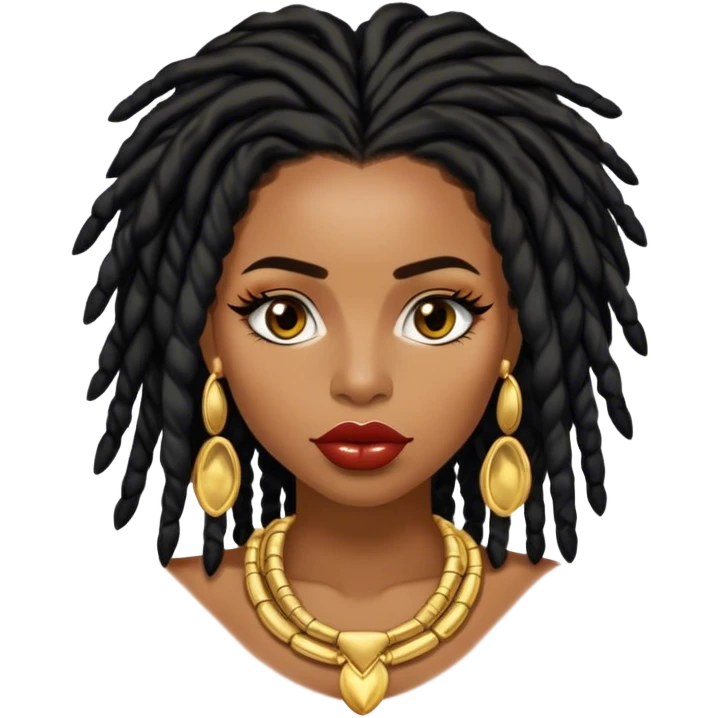 Brownskin Congolese woman with black shoulder length locs, fluffy eyelashes, big lips, a lot of gold jewellery  emoji