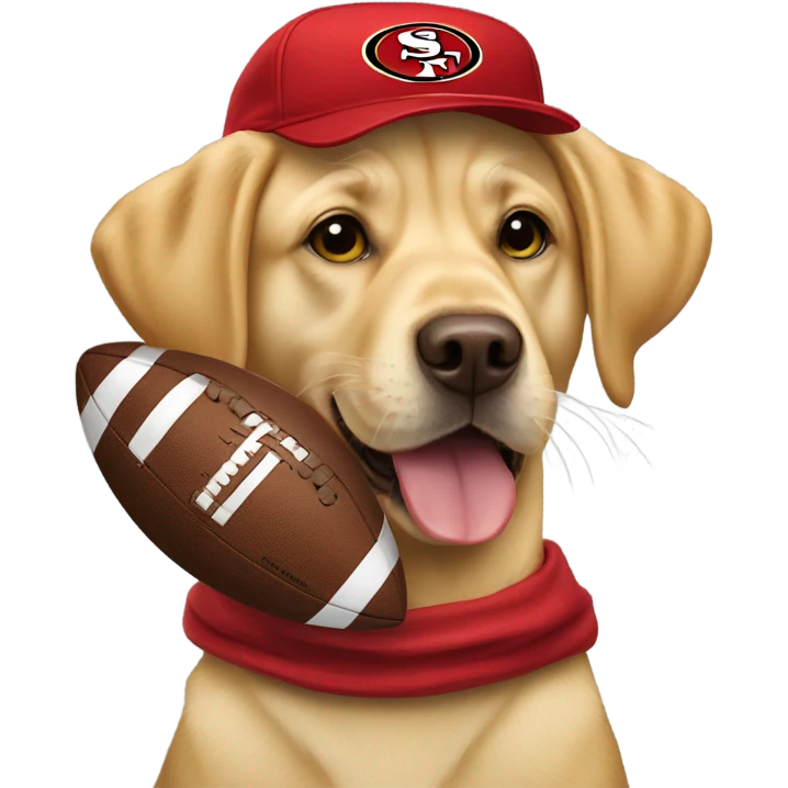 Yellow labrador with football and 49ers hat emoji