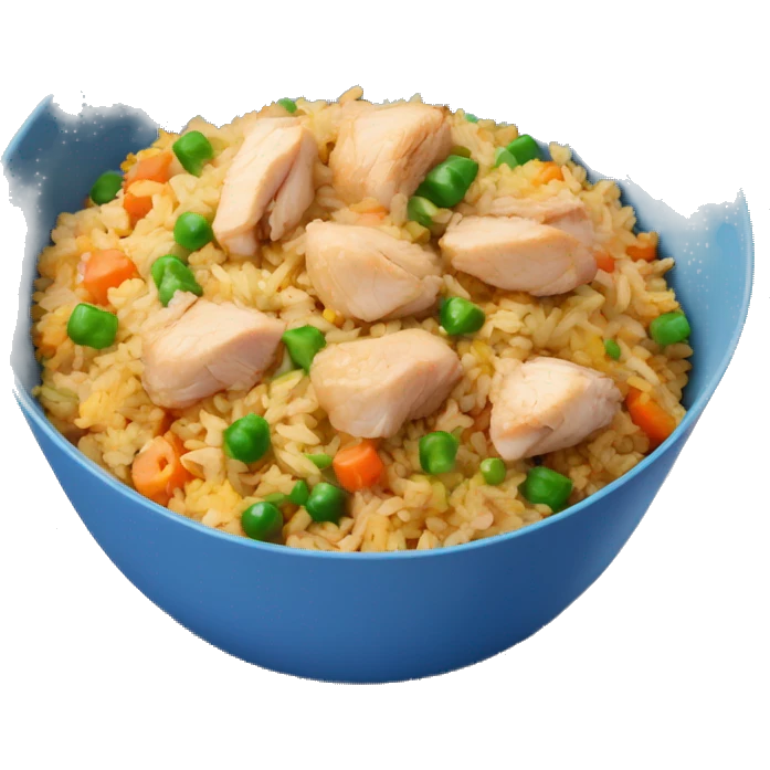 Fried rice with chicken and vegetables in a blue bowl emoji
