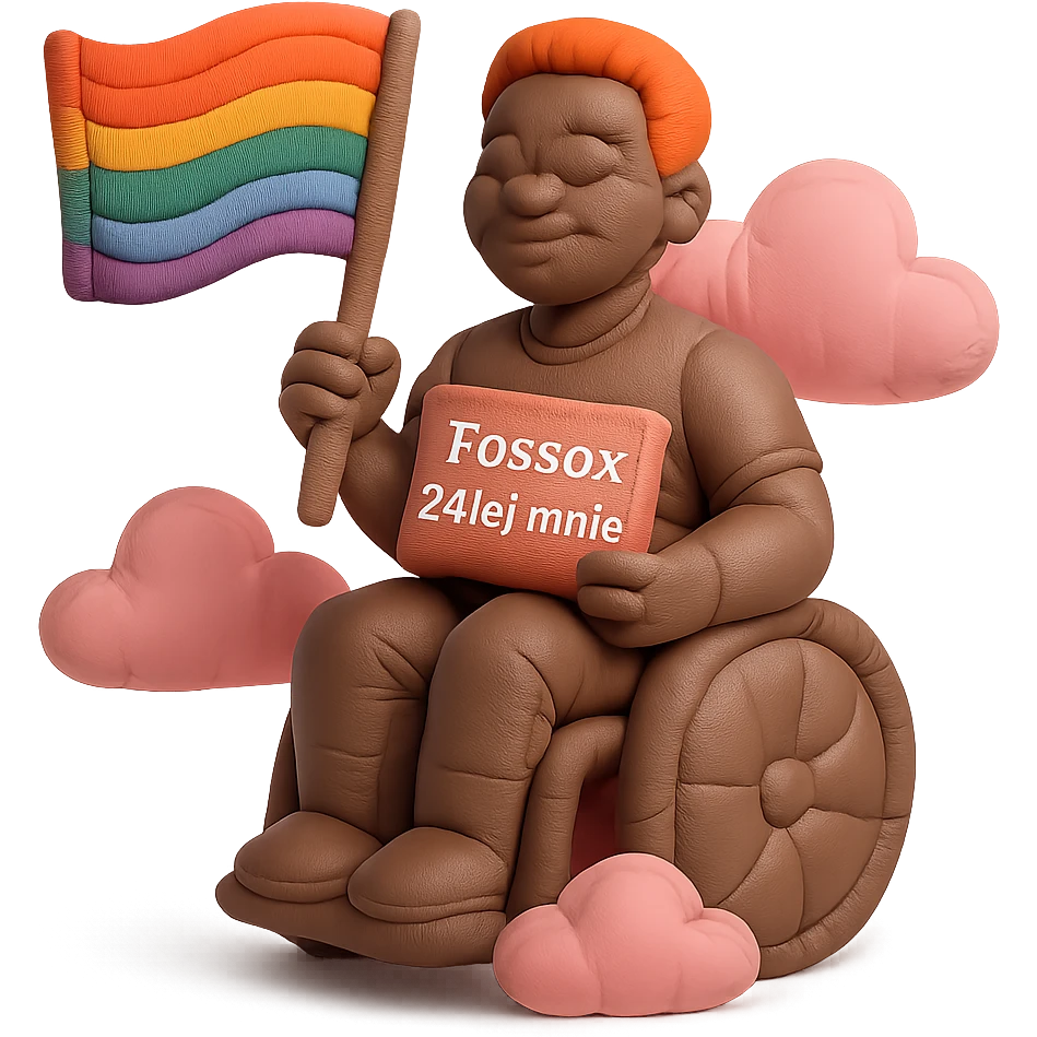 Cinematic shot advertising, Black man with red hair sitting on wheelchair holding lgbt flag holding text "T0ssox zalej mnie" pink clouds around, pink sky with pink back light emoji