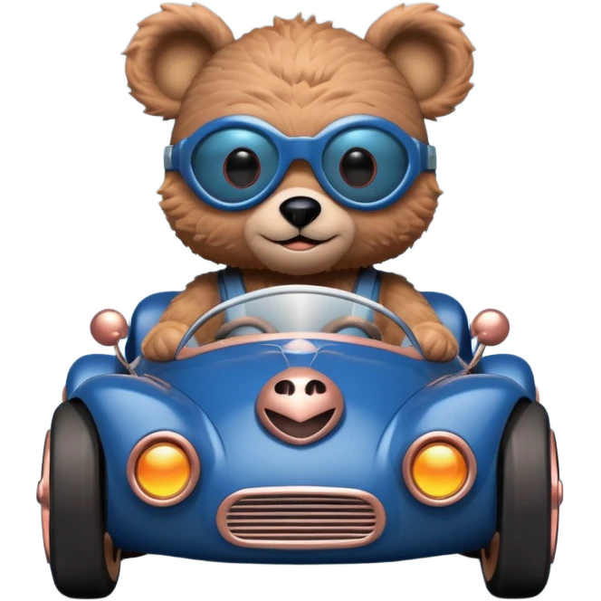 dark blue and rosegold-accented  retro racing car driven by furry-faced small evil alien scary teddy bear with rear spoiler emoji