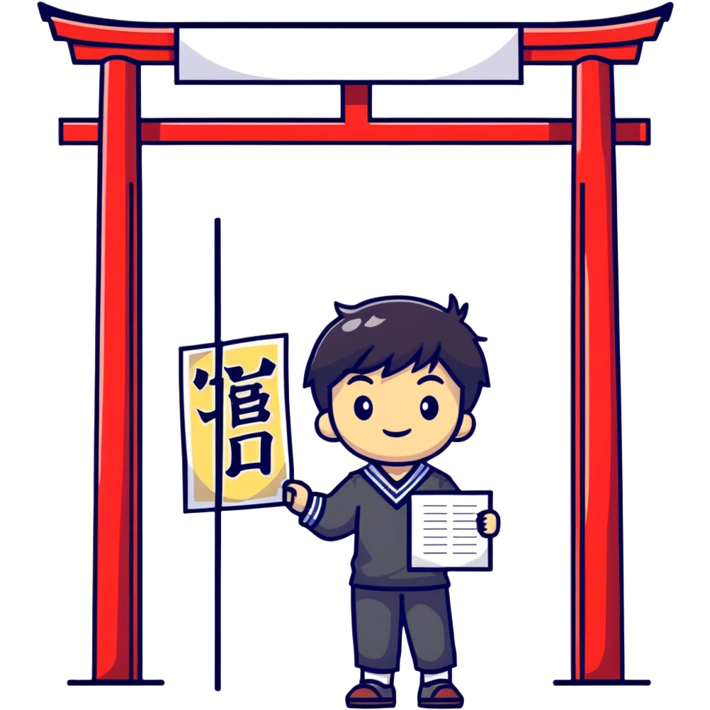 Japanese high school boy welcoming visitors with poster at cultural festival entrance emoji