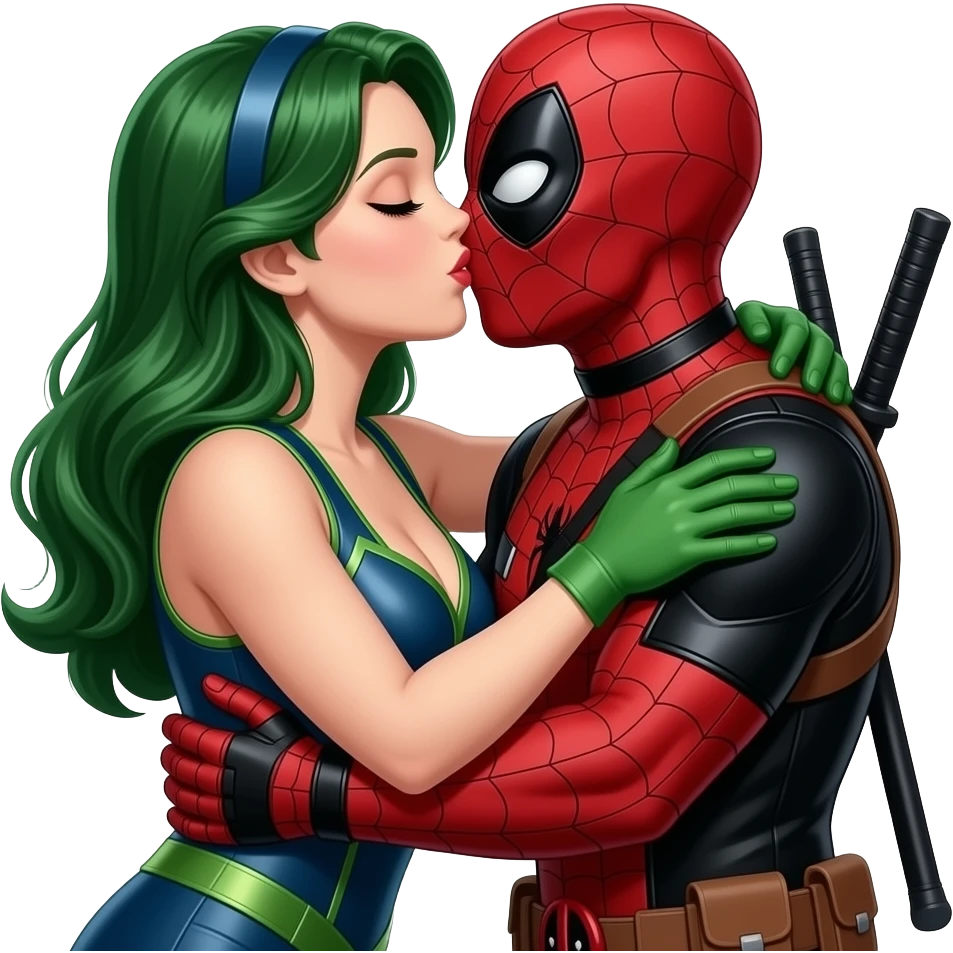 3 characters hugging and kissing: spiderman, she hulk and deadpool emoji