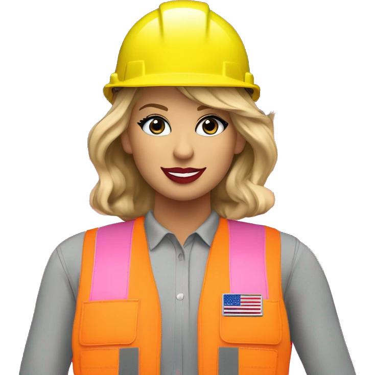 Taylor Swift is a construction worker wearing a neon pink safety vest, hard hat and ear muffs with a patriotic patch on her vest. The background image is of the patriotic flag  emoji