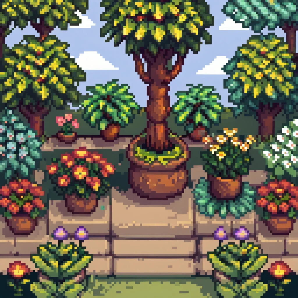 garden scene with flowers, trees, and plants emoji