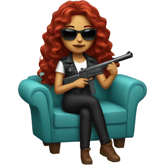 Latina with long red wavy hair holding a gun with sunglasses sitting on a couch  emoji