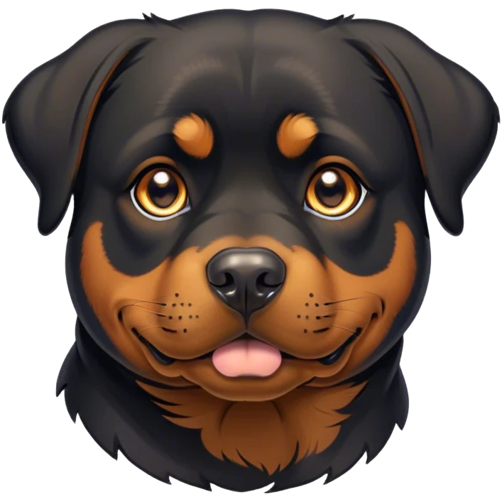 Cinematic Cute Rottweiler Portrait Emoji, Head tilted playfully and inquisitively, featuring a glossy black coat with distinct tan accents, round, sparkling brown eyes filled with curiosity, Simplified yet irresistibly adorable features, highly detailed, glowing with a warm, friendly glow, high shine, affectionate and lively, stylized with a touch of whimsy, bright and endearing, soft glowing outline, capturing the essence of a mischievous yet loving companion, so playful it feels like it could bound out of the screen and into your arms! emoji