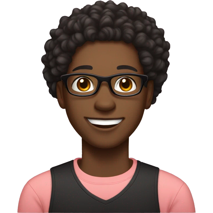 Black man, smiling, curly black hair, with black shirt, no glasses. Light skinned woman, medium curly hair, smiling, light pink shirt, black glasses emoji