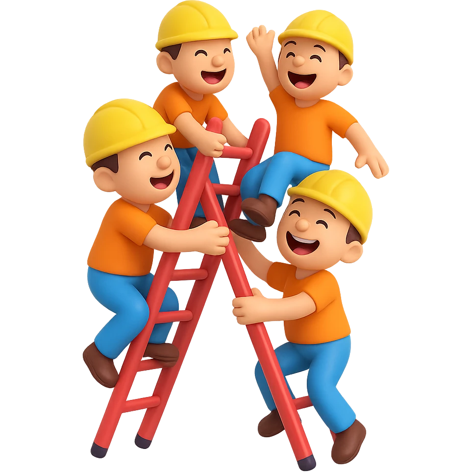 Depict a group climb with multiple cartoon figures climbing a ladder together, all laughing and playful. Use the 3D emoji style and remove the background to focus on the characters. emoji