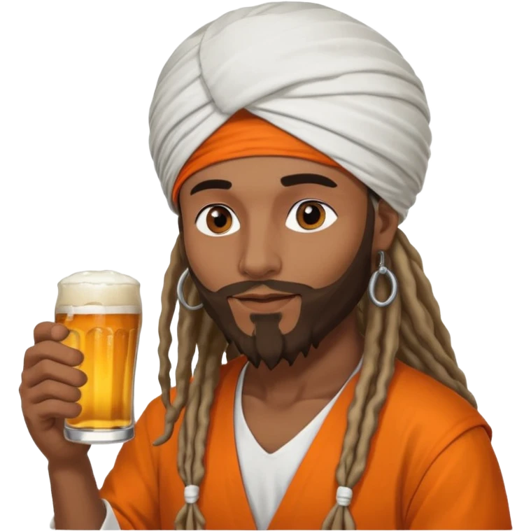 Brownskin man with long dreadlocks add a white turban on his head orange shirt drinking bear emoji