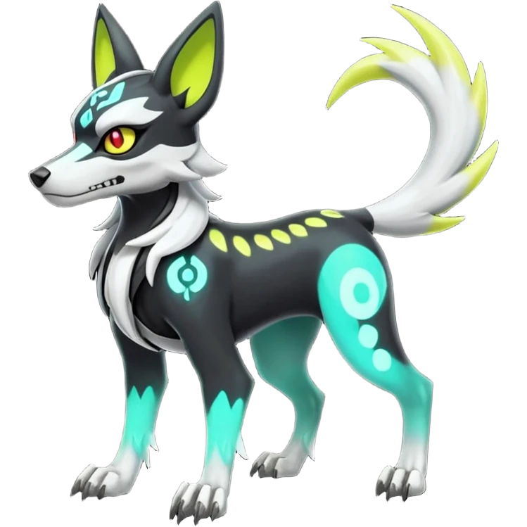 Cool handsome demonic skeletal black and neon green and neon yellow futuristic shiny colorful bioluminescent cyber-Poochyena-Lycanroc-Zorua-Litten-Houndoom-Fakémon-Pokémon-Digimon-hybrid-fusion (full body) with a skull face emoji