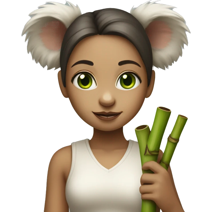 White raced Girl with green eyes and koala ears holding bamboo stick  emoji