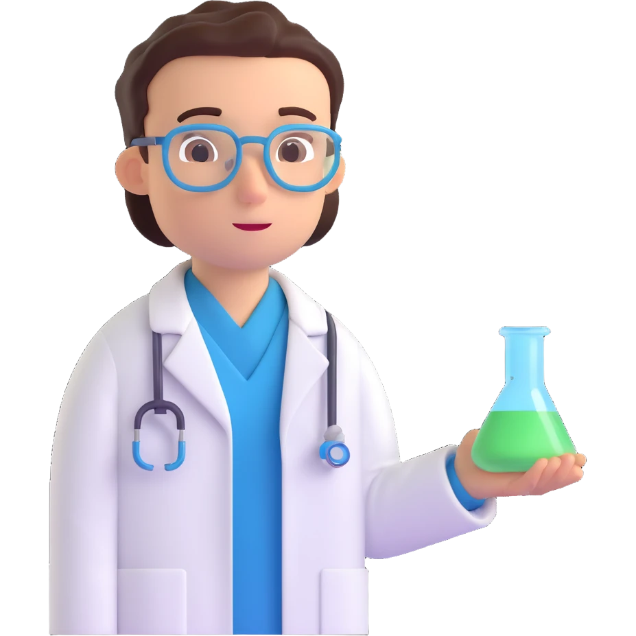 Close-up of a medical or clinical researcher in 3D emoji style, wearing a lab coat and a thoughtful expression, with lab equipment in the background, matching the style of the reference image. emoji