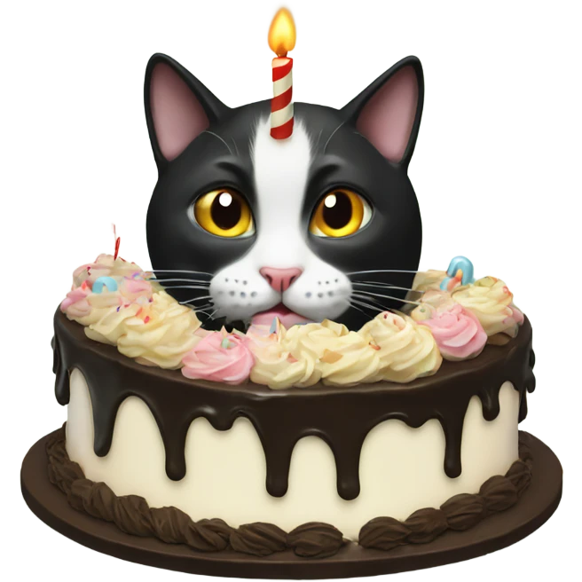 Tuxedo cat blowing out a birthday cake emoji
