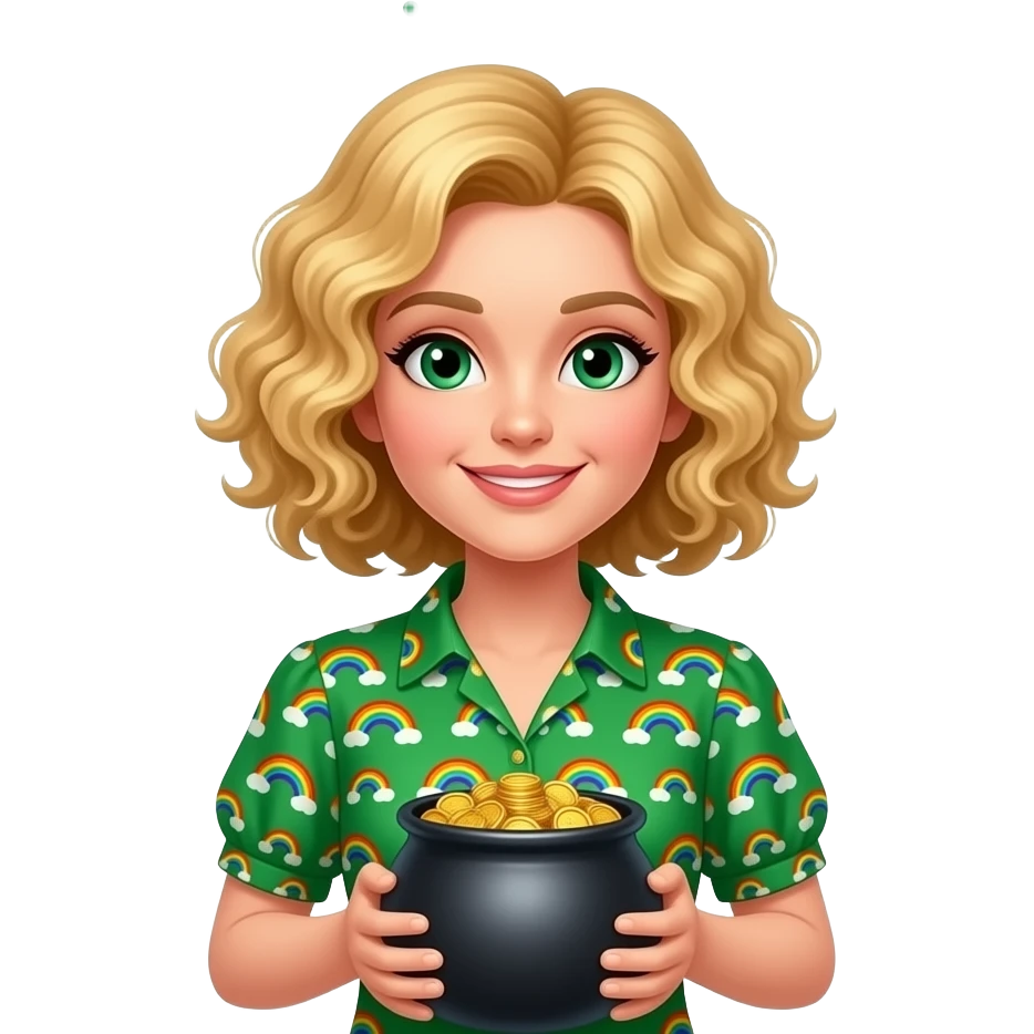 blonde tight curly hair in a short bob with St. Patrick's in a green blouse with rainbow and a pot of gold and Happy  St. Patrick's Day over my head emoji