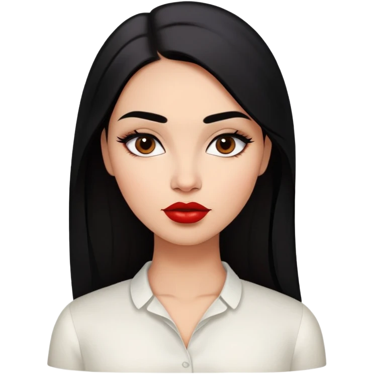 Young fuller-figured woman with oval face, high cheekbones, brown skin, dark brown eyes, thick eyebrows, red lipstick, long straight black hair, slightly plump, wearing a white blouse emoji