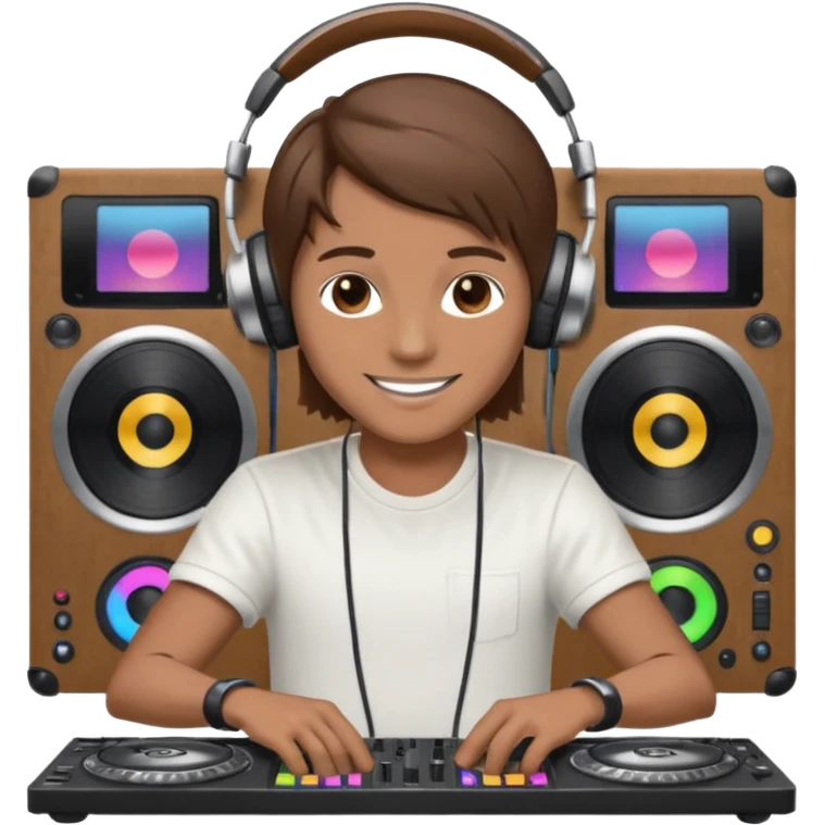 White dj mixing with dj booth, headphone on head, no cap, not bald, brown hair  emoji