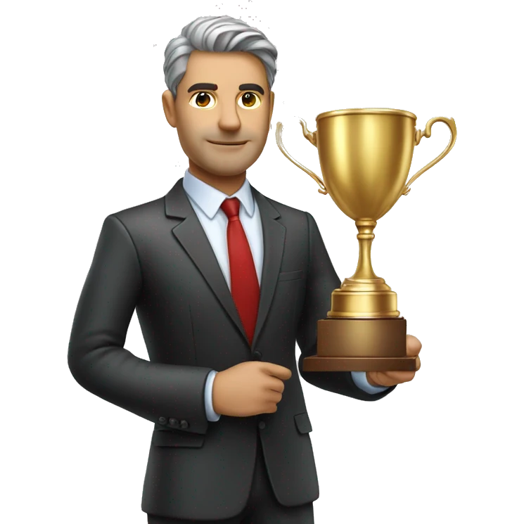 Photorealistic serious businessman with trophy in his hand emoji